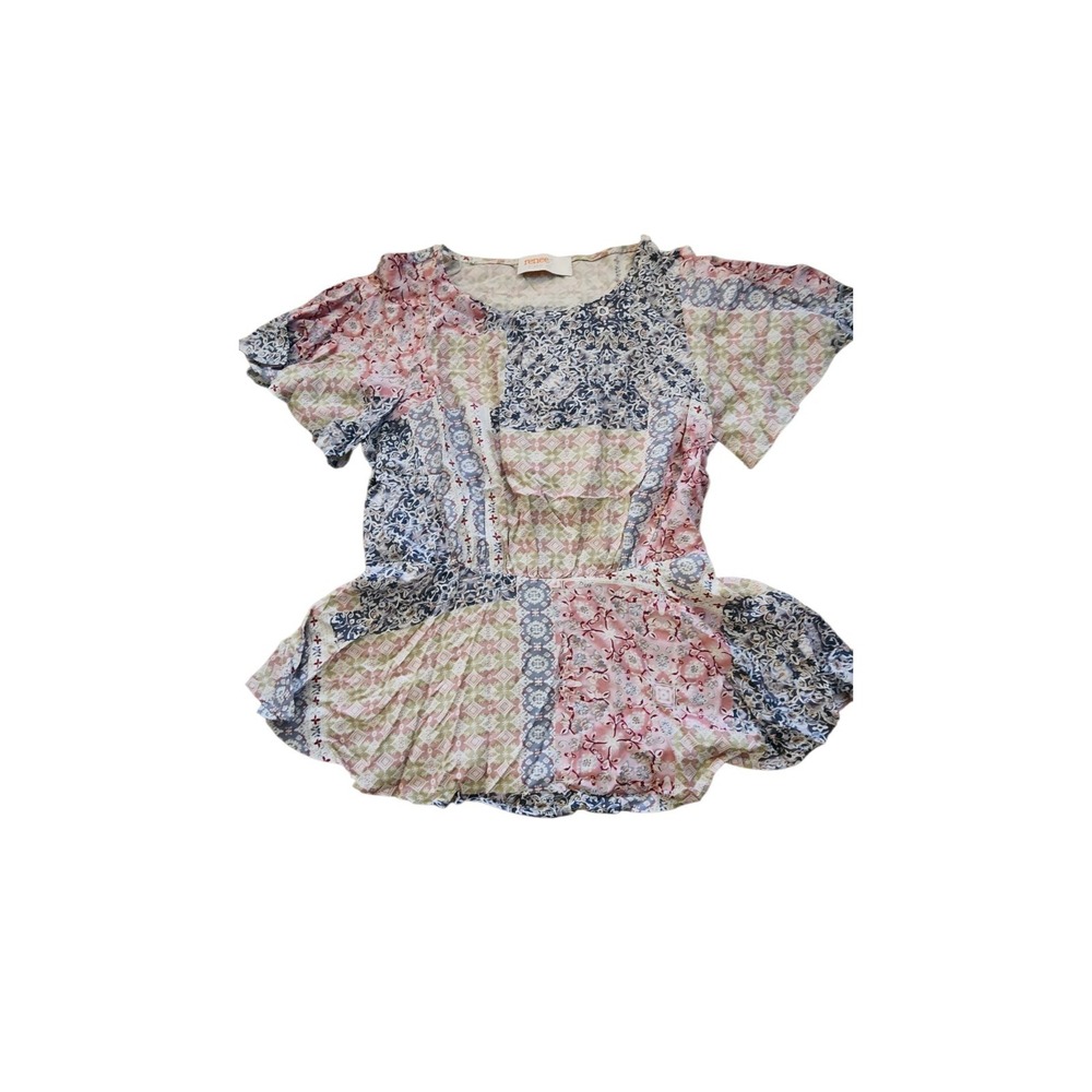 renee Women's Multicolor Patchwork Tunic Blouse Short Flutter Ruffle Sleeve Boho